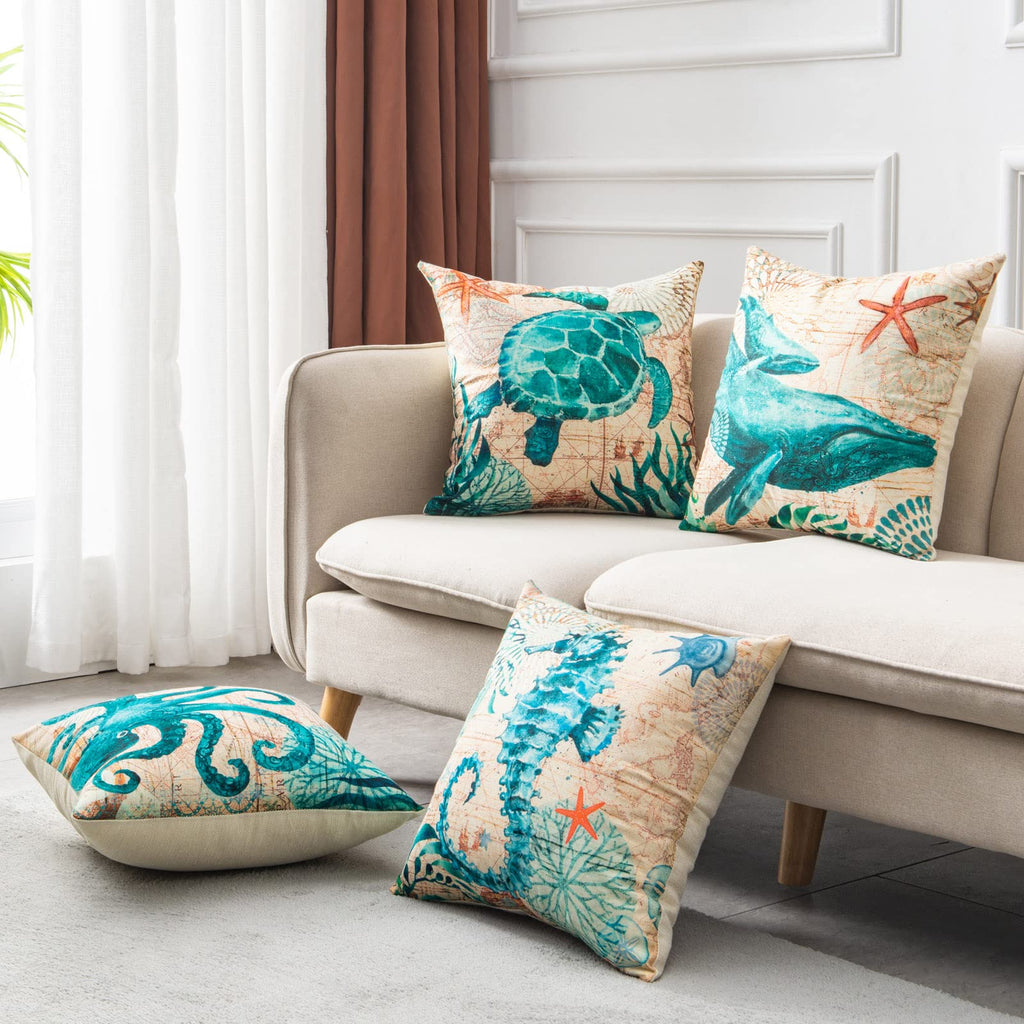 Ocean Animal Throw Pillow Covers – Linen Cushion Cases for Sofa & Home