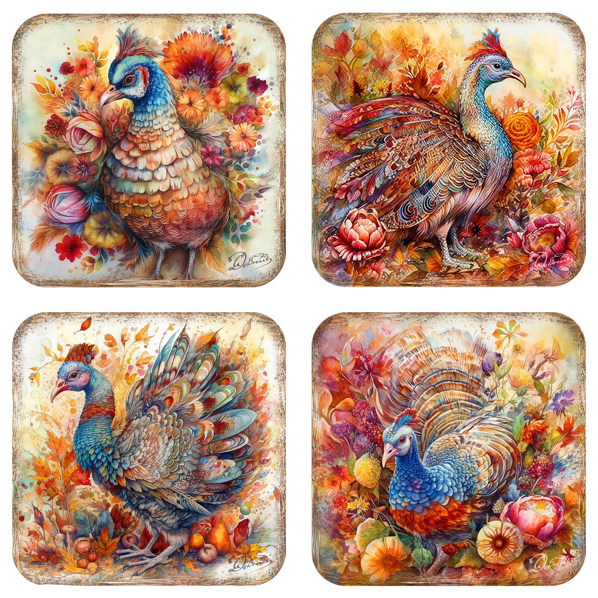 Turkey Wooden Cork Coasters Gift Set of 4 - Thanksgiving Decor by G. DeBrekht