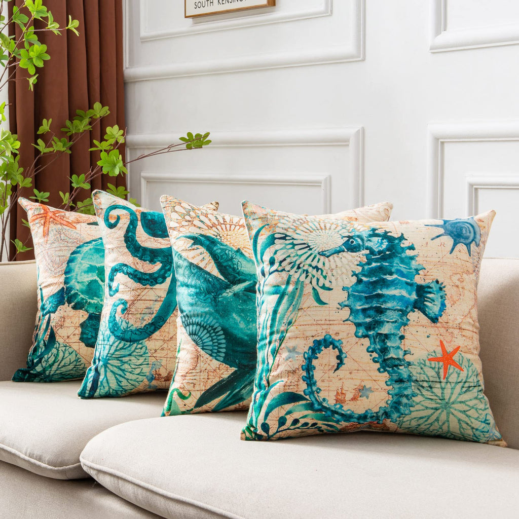 Ocean Animal Throw Pillow Covers – Linen Cushion Cases for Sofa & Home