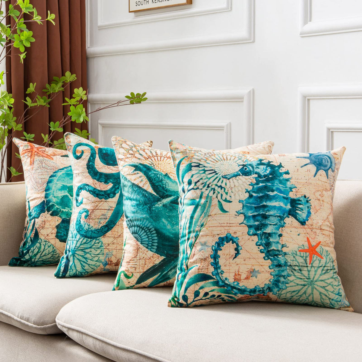 Ocean Animal Throw Pillow Covers – Linen Cushion Cases for Sofa & Home