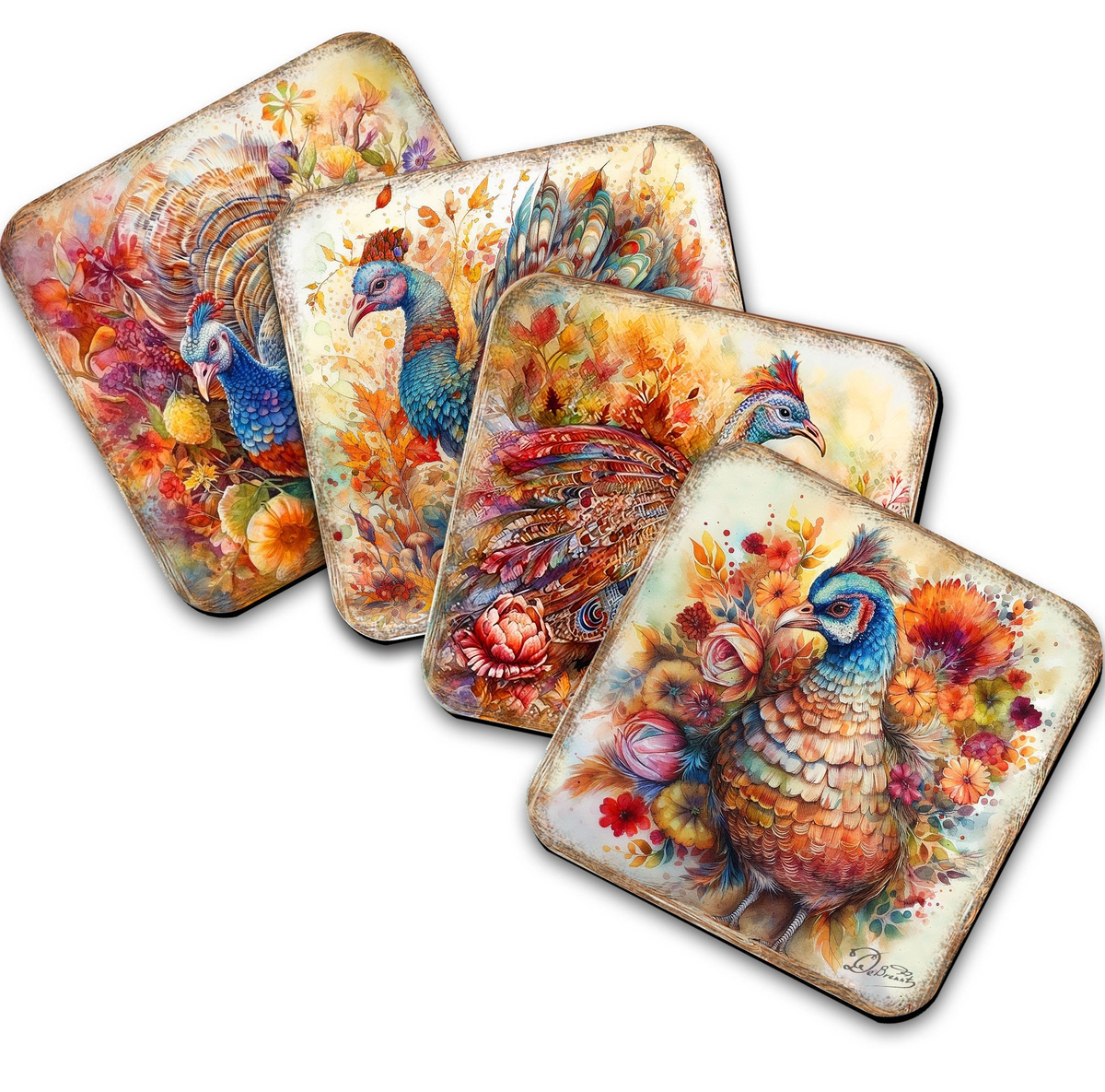 Turkey Wooden Cork Coasters Gift Set of 4 - Thanksgiving Decor by G. DeBrekht