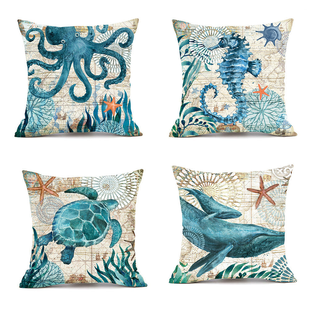 Ocean Animal Throw Pillow Covers – Linen Cushion Cases for Sofa & Home