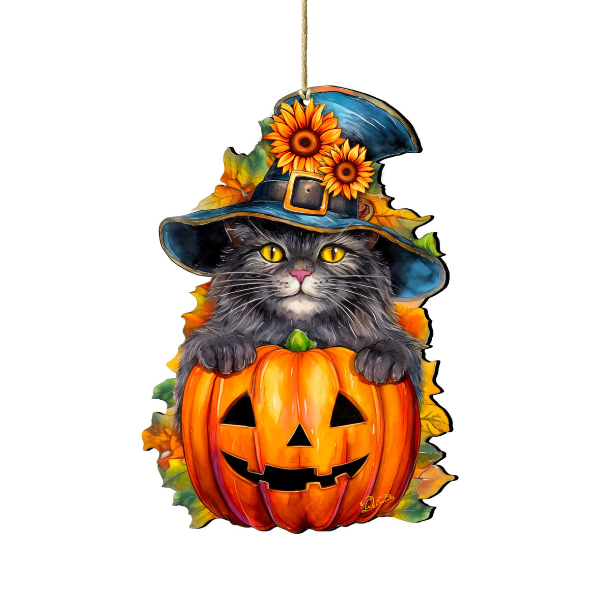 Black Cat Pumpkin Wooden Ornaments – Handcrafted Halloween Decor by G. DeBrekht