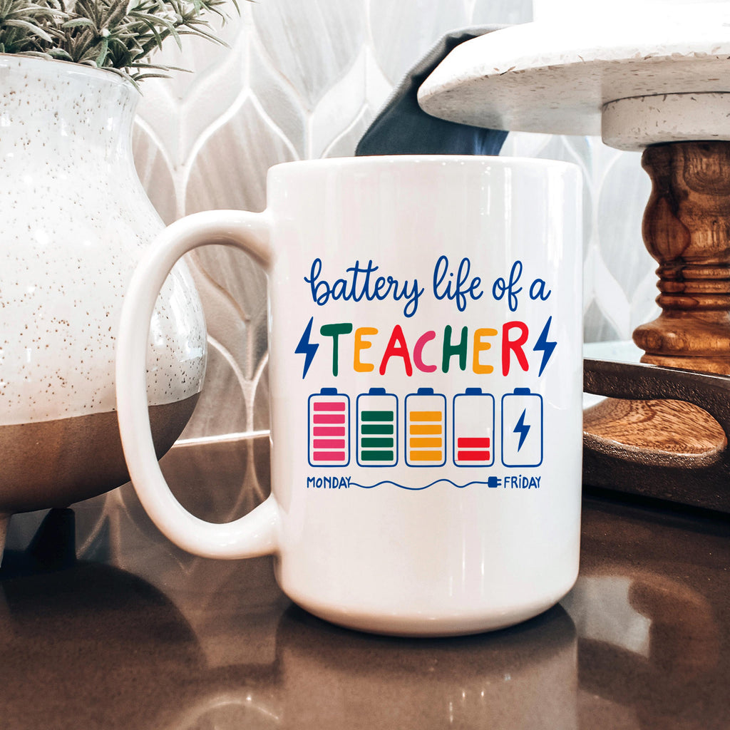 Funny Teacher Mug – Colorful Battery Graphic Ceramic Coffee Cup | Teacher Appreciation Gift