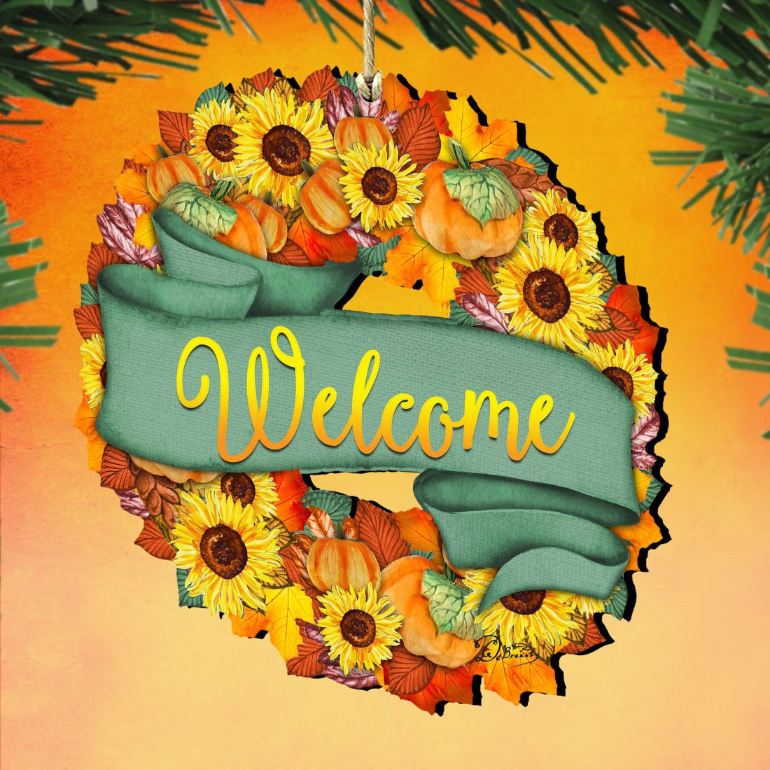Flower Fall Wreath Wooden Ornaments - Thanksgiving Decor by G. DeBrekht