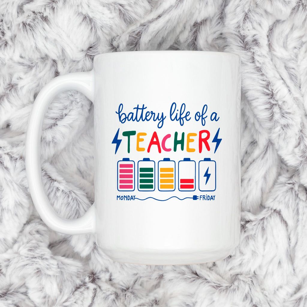 Funny Teacher Mug – Colorful Battery Graphic Ceramic Coffee Cup | Teacher Appreciation Gift