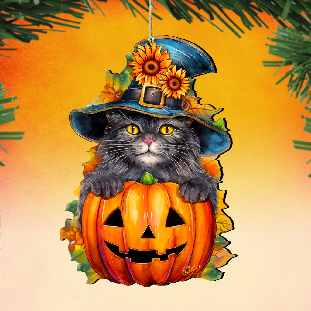 Black Cat Pumpkin Wooden Ornaments – Handcrafted Halloween Decor by G. DeBrekht