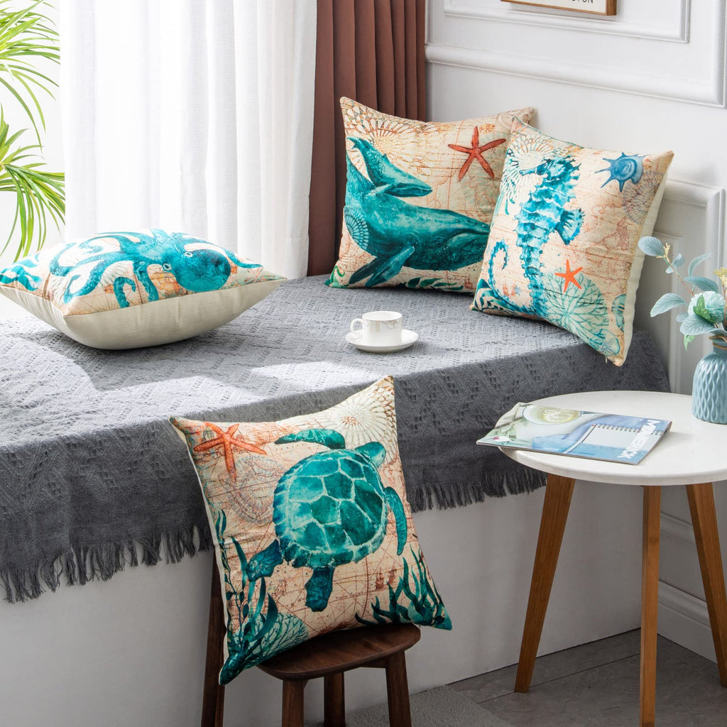 Ocean Animal Throw Pillow Covers – Linen Cushion Cases for Sofa & Home