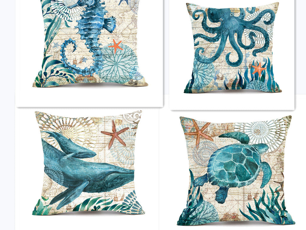 Ocean Animal Throw Pillow Covers – Linen Cushion Cases for Sofa & Home