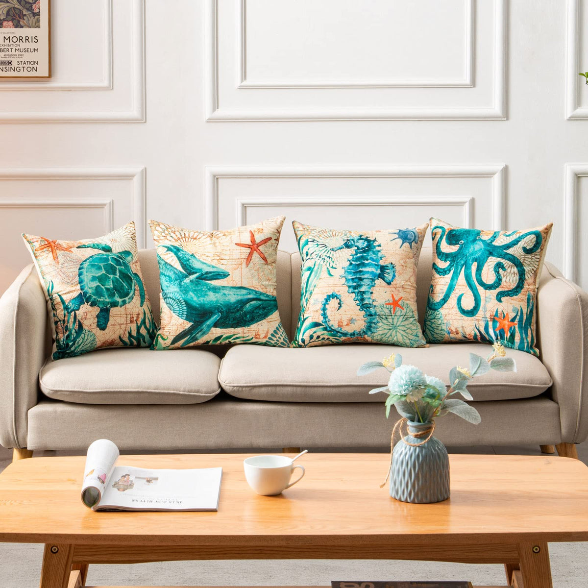 Ocean Animal Throw Pillow Covers – Linen Cushion Cases for Sofa & Home