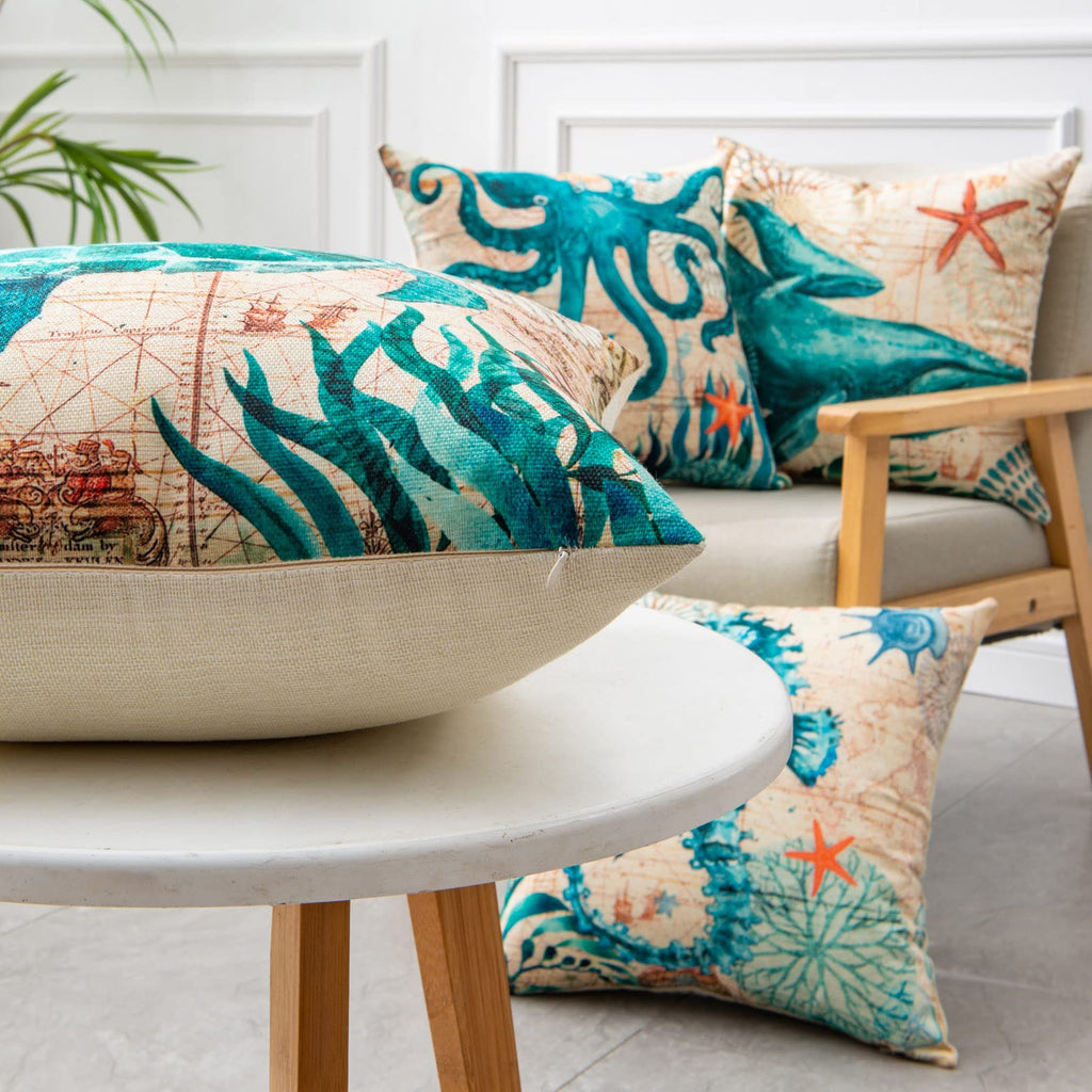 Ocean Animal Throw Pillow Covers – Linen Cushion Cases for Sofa & Home