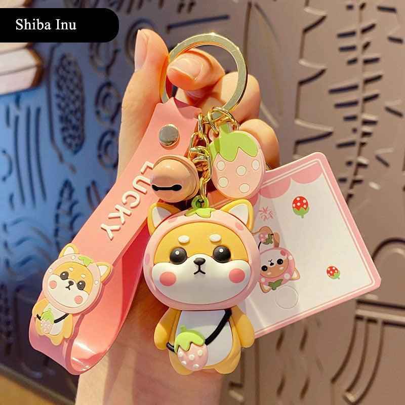 Strawberry Shiba Inu Keychain – Kawaii Bag Charm | Cute Gift for Her