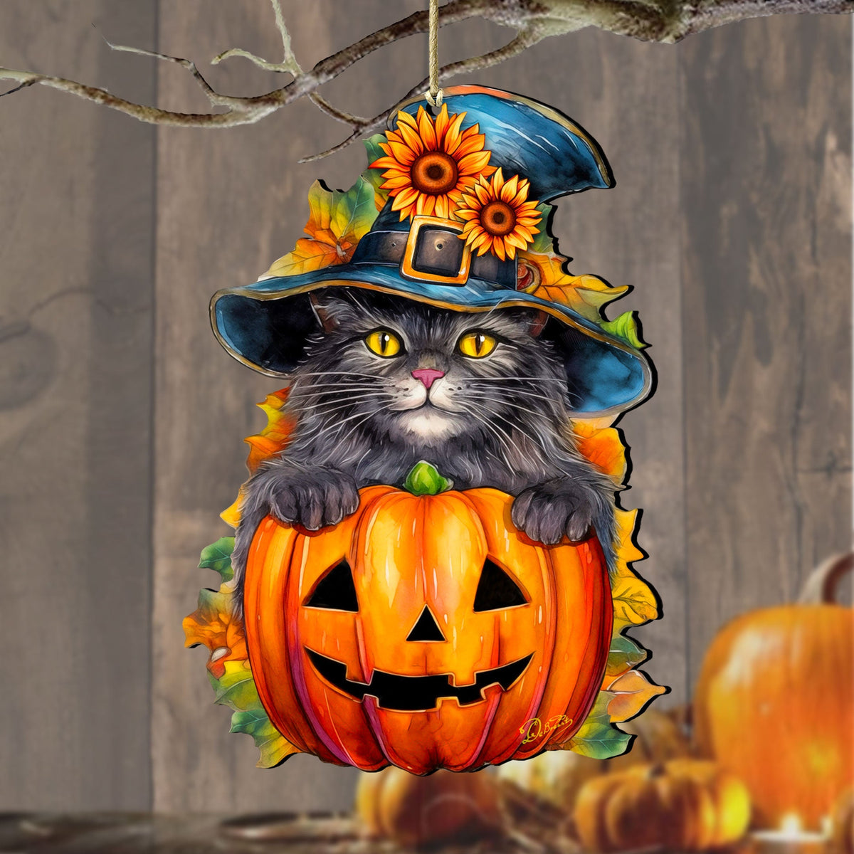 Black Cat Pumpkin Wooden Ornaments – Handcrafted Halloween Decor by G. DeBrekht