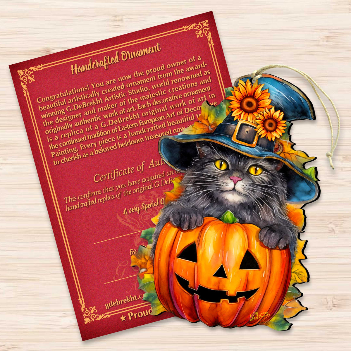 Black Cat Pumpkin Wooden Ornaments – Handcrafted Halloween Decor by G. DeBrekht