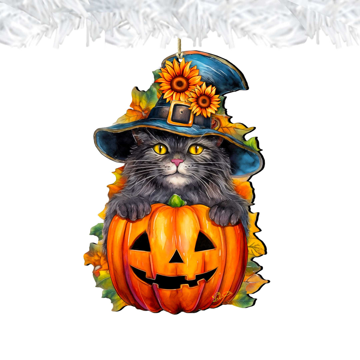 Black Cat Pumpkin Wooden Ornaments – Handcrafted Halloween Decor by G. DeBrekht