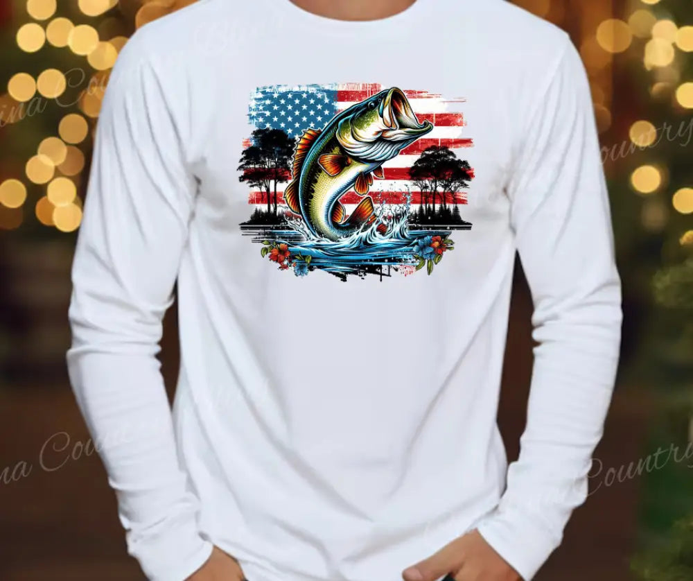 American Flag Fishing T-Shirt – Patriotic Country Graphic Tee | Short & Long Sleeve