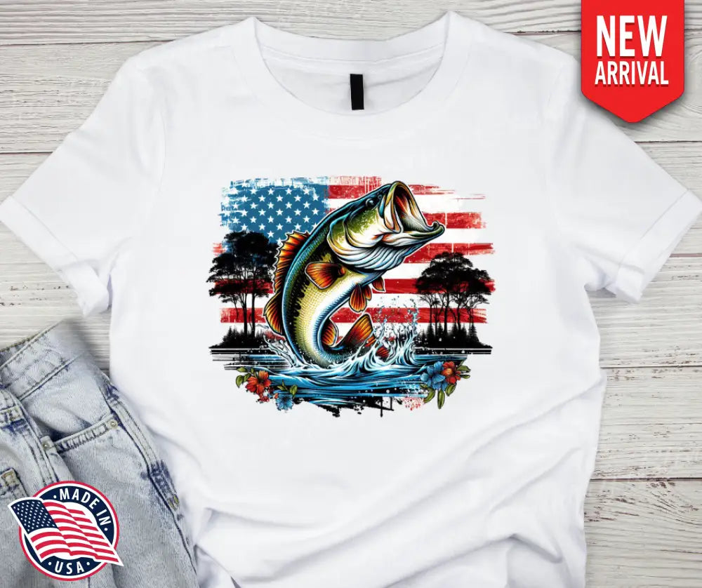 American Flag Fishing T-Shirt – Patriotic Country Graphic Tee | Short & Long Sleeve