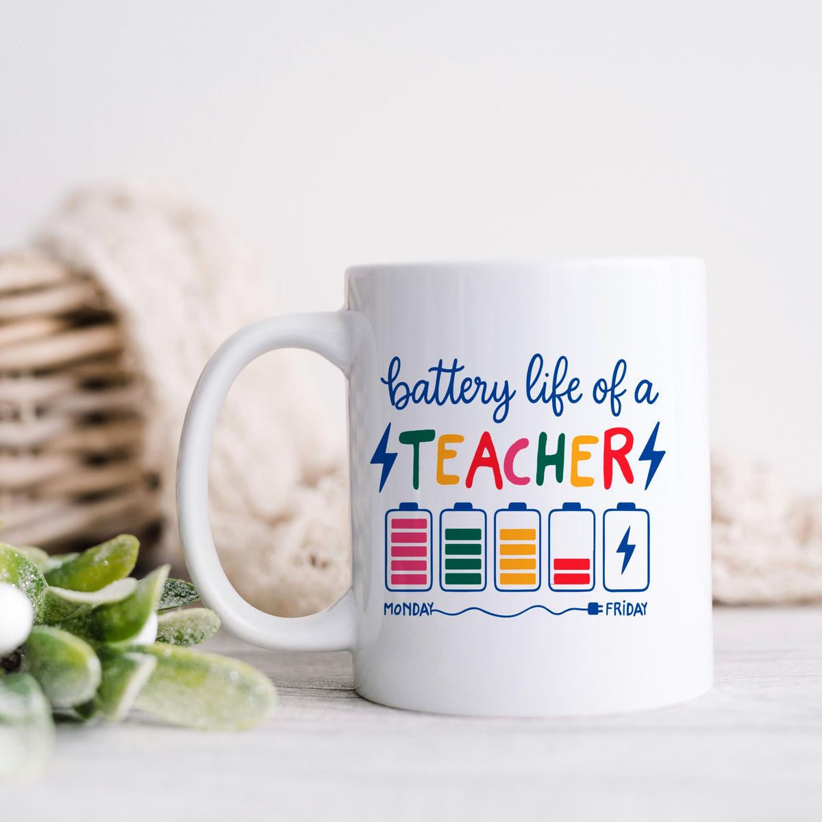 Funny Teacher Mug – Colorful Battery Graphic Ceramic Coffee Cup | Teacher Appreciation Gift