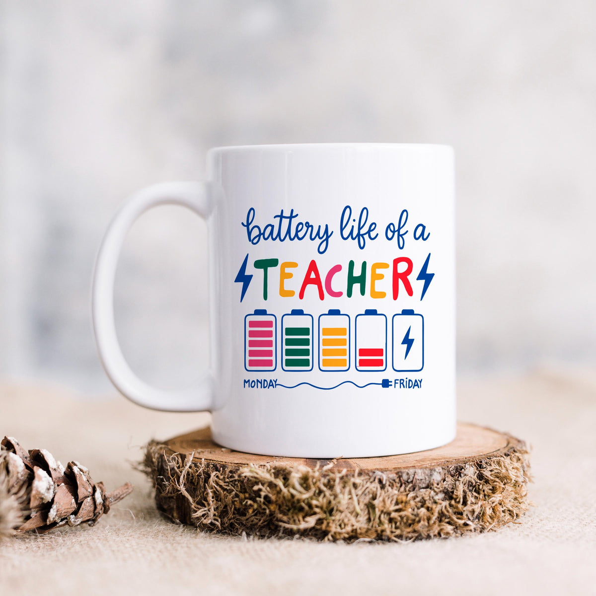Funny Teacher Mug – Colorful Battery Graphic Ceramic Coffee Cup | Teacher Appreciation Gift