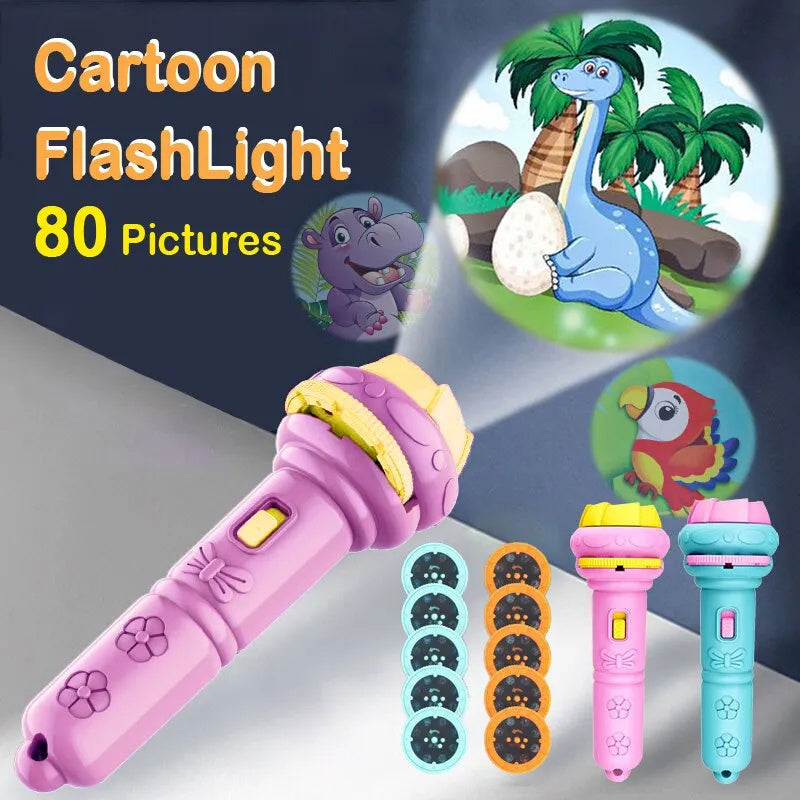 Cartoon Projection Flashlight – 80 Patterns Kids Projector Toy for Bedtime Stories