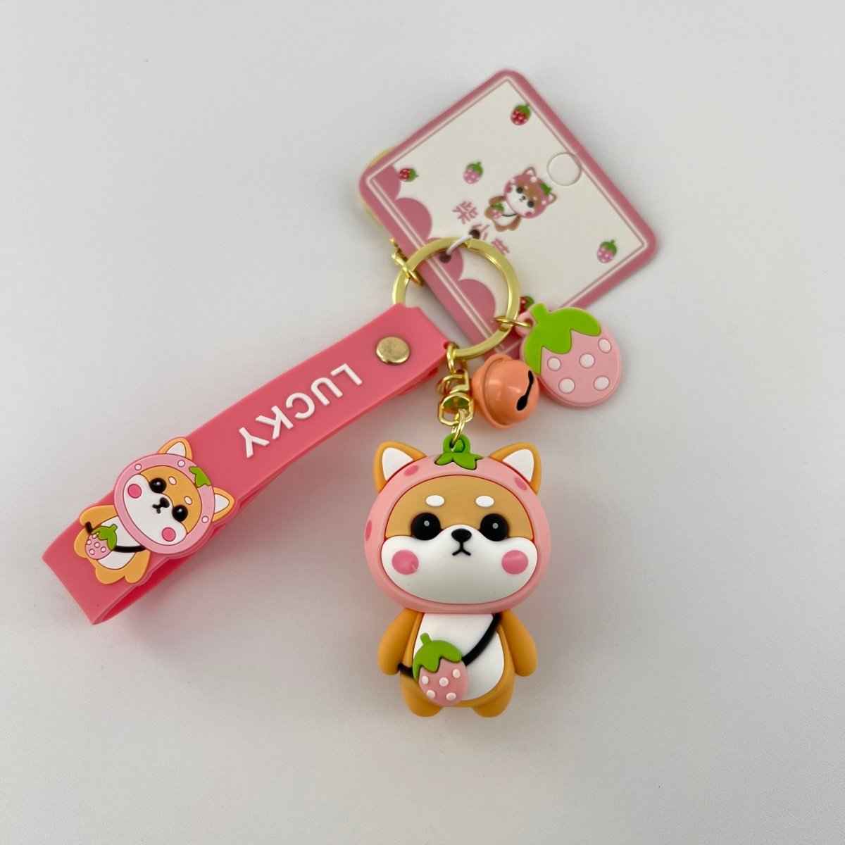 Strawberry Shiba Inu Keychain – Kawaii Bag Charm | Cute Gift for Her