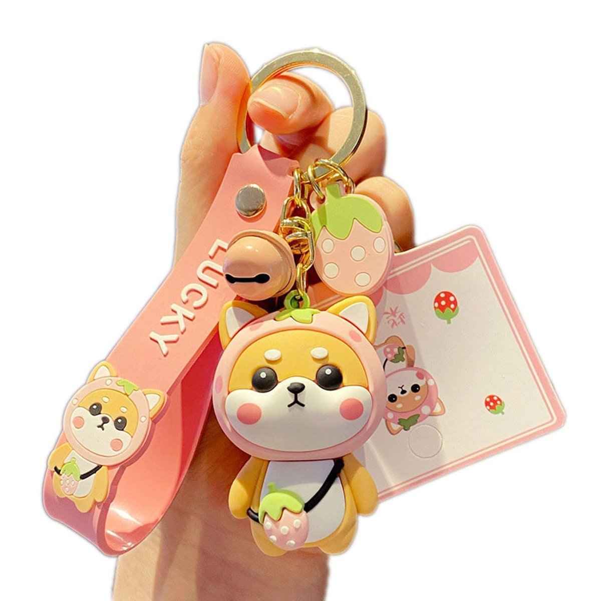 Strawberry Shiba Inu Keychain – Kawaii Bag Charm | Cute Gift for Her