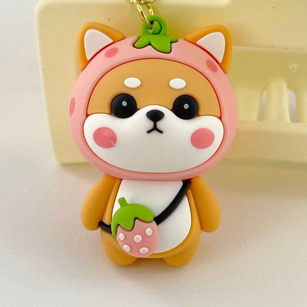 Strawberry Shiba Inu Keychain – Kawaii Bag Charm | Cute Gift for Her