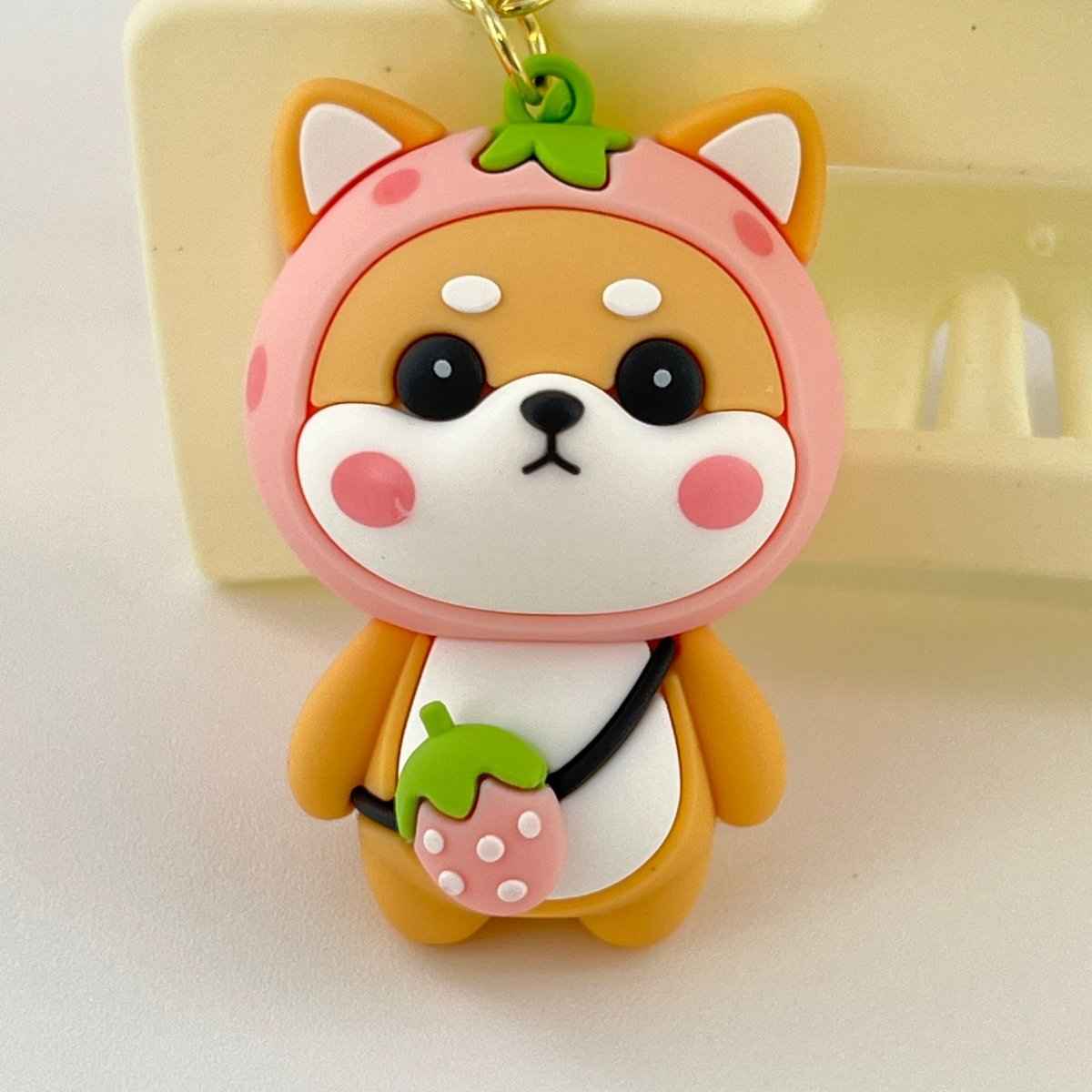 Strawberry Shiba Inu Keychain – Kawaii Bag Charm | Cute Gift for Her