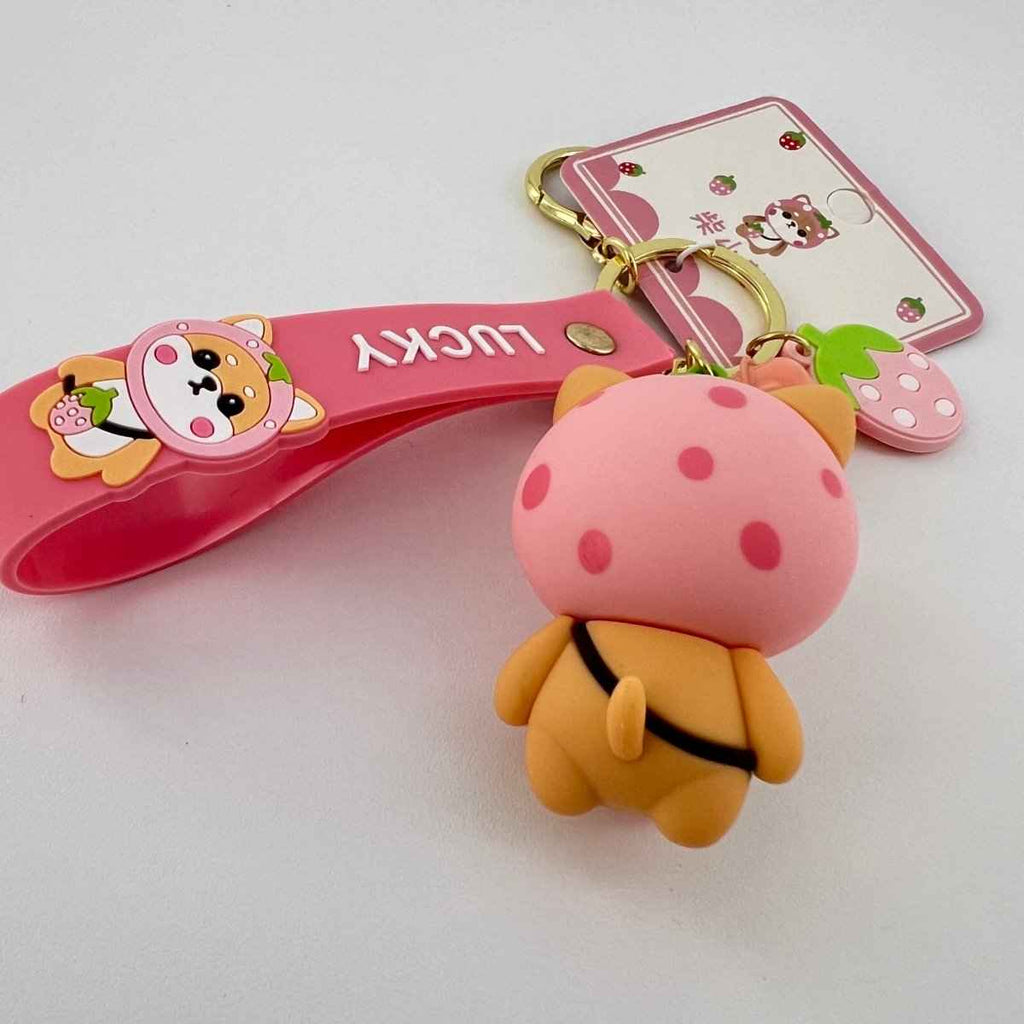 Strawberry Shiba Inu Keychain – Kawaii Bag Charm | Cute Gift for Her