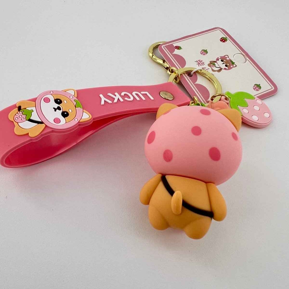 Strawberry Shiba Inu Keychain – Kawaii Bag Charm | Cute Gift for Her