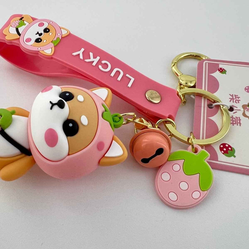 Strawberry Shiba Inu Keychain – Kawaii Bag Charm | Cute Gift for Her