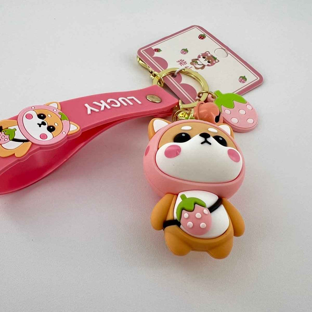 Strawberry Shiba Inu Keychain – Kawaii Bag Charm | Cute Gift for Her