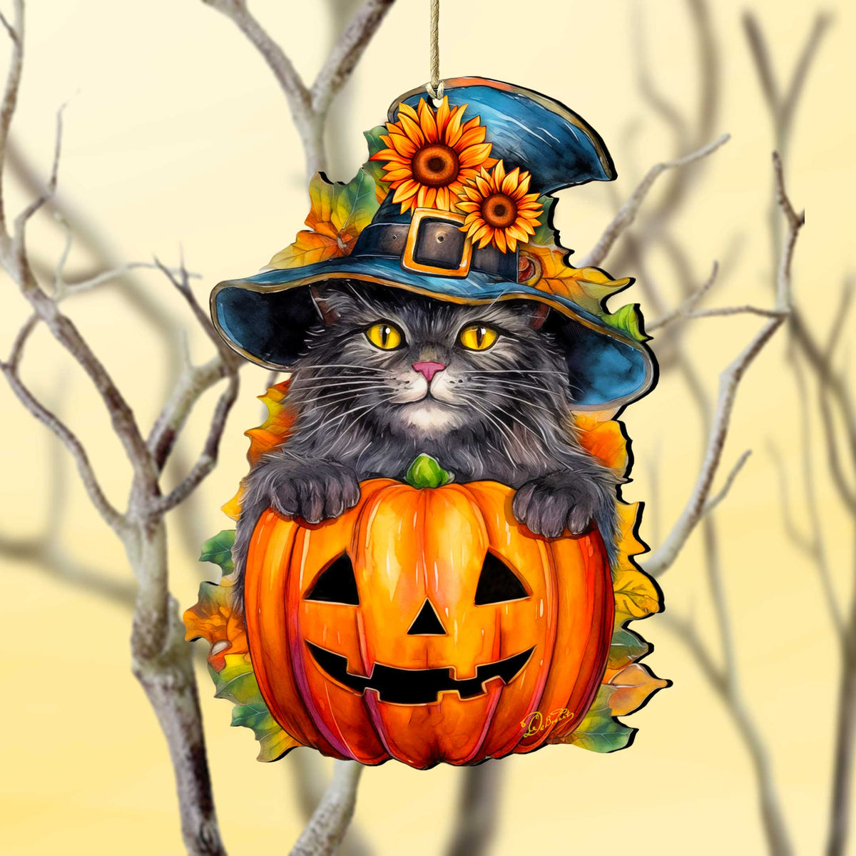 Black Cat Pumpkin Wooden Ornaments – Handcrafted Halloween Decor by G. DeBrekht