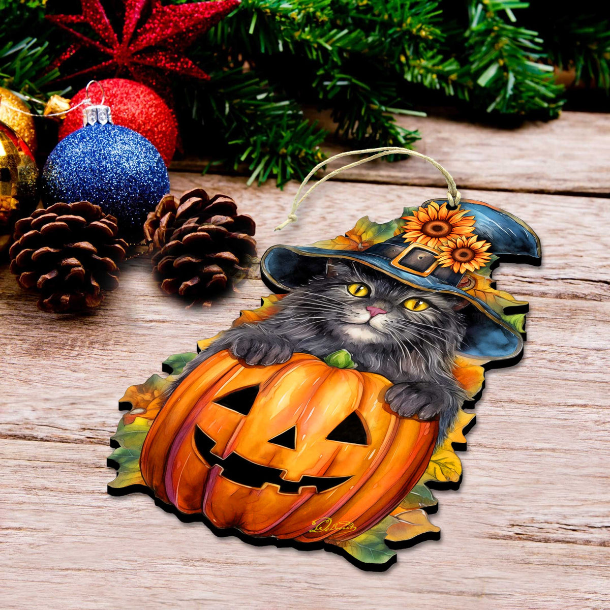 Black Cat Pumpkin Wooden Ornaments – Handcrafted Halloween Decor by G. DeBrekht