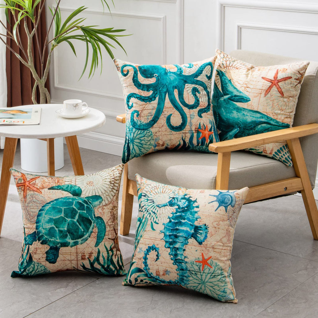 Ocean Animal Throw Pillow Covers – Linen Cushion Cases for Sofa & Home