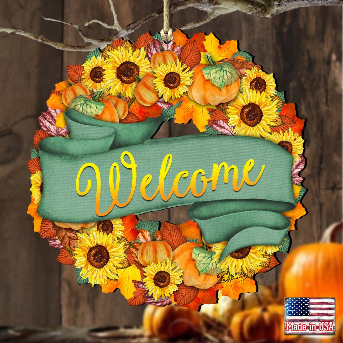 Flower Fall Wreath Wooden Ornaments - Thanksgiving Decor by G. DeBrekht