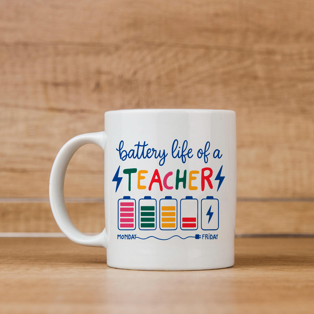 Funny Teacher Mug – Colorful Battery Graphic Ceramic Coffee Cup | Teacher Appreciation Gift