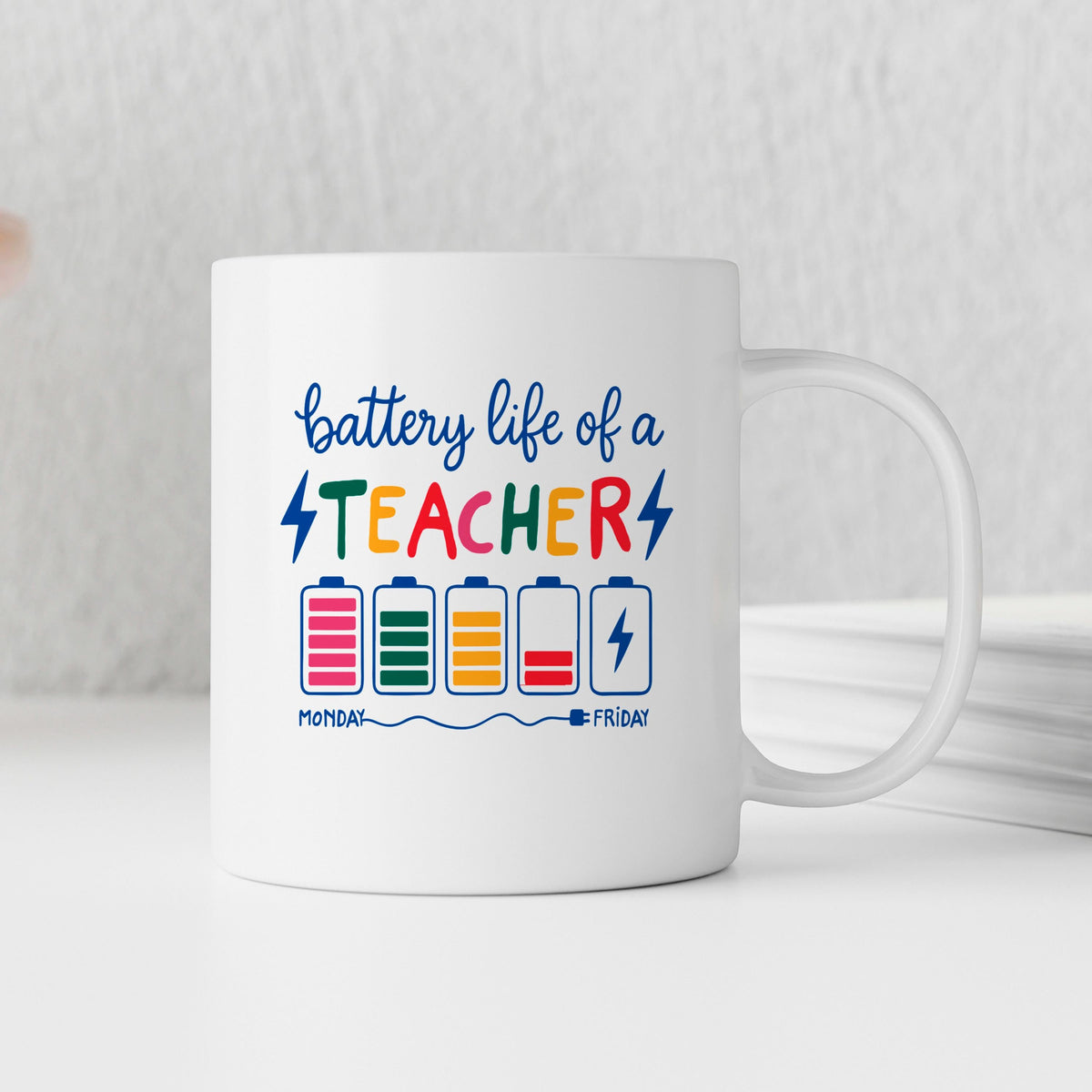 Funny Teacher Mug – Colorful Battery Graphic Ceramic Coffee Cup | Teacher Appreciation Gift