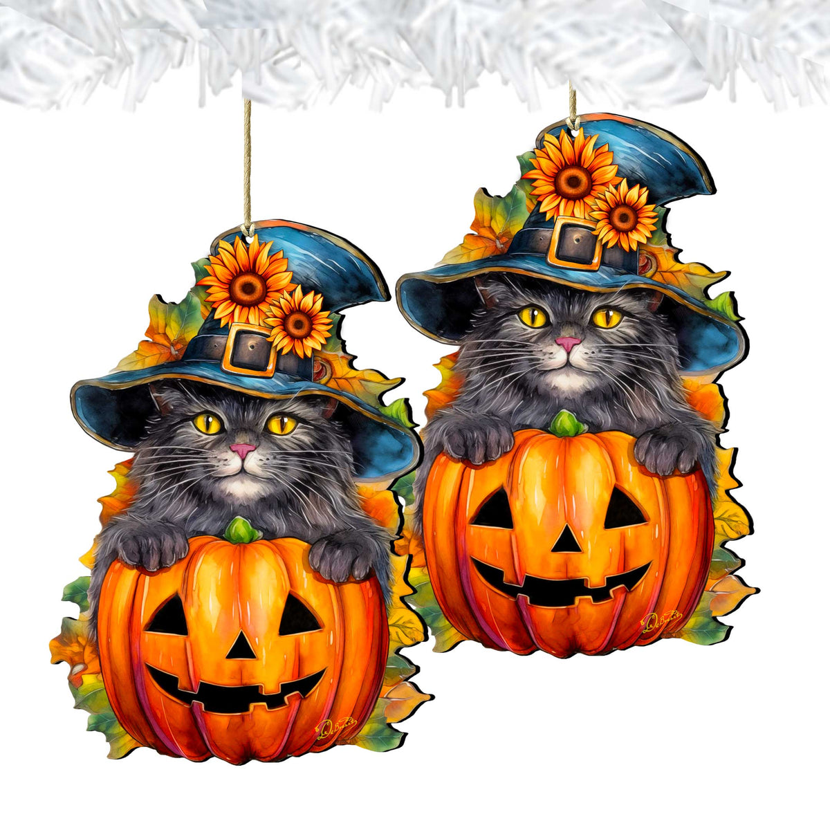 Black Cat Pumpkin Wooden Ornaments – Handcrafted Halloween Decor by G. DeBrekht