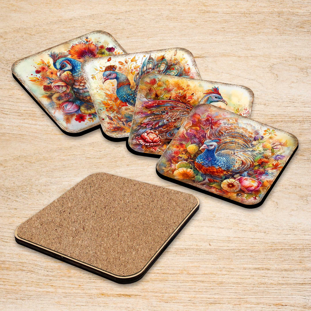 Turkey Wooden Cork Coasters Gift Set of 4 - Thanksgiving Decor by G. DeBrekht