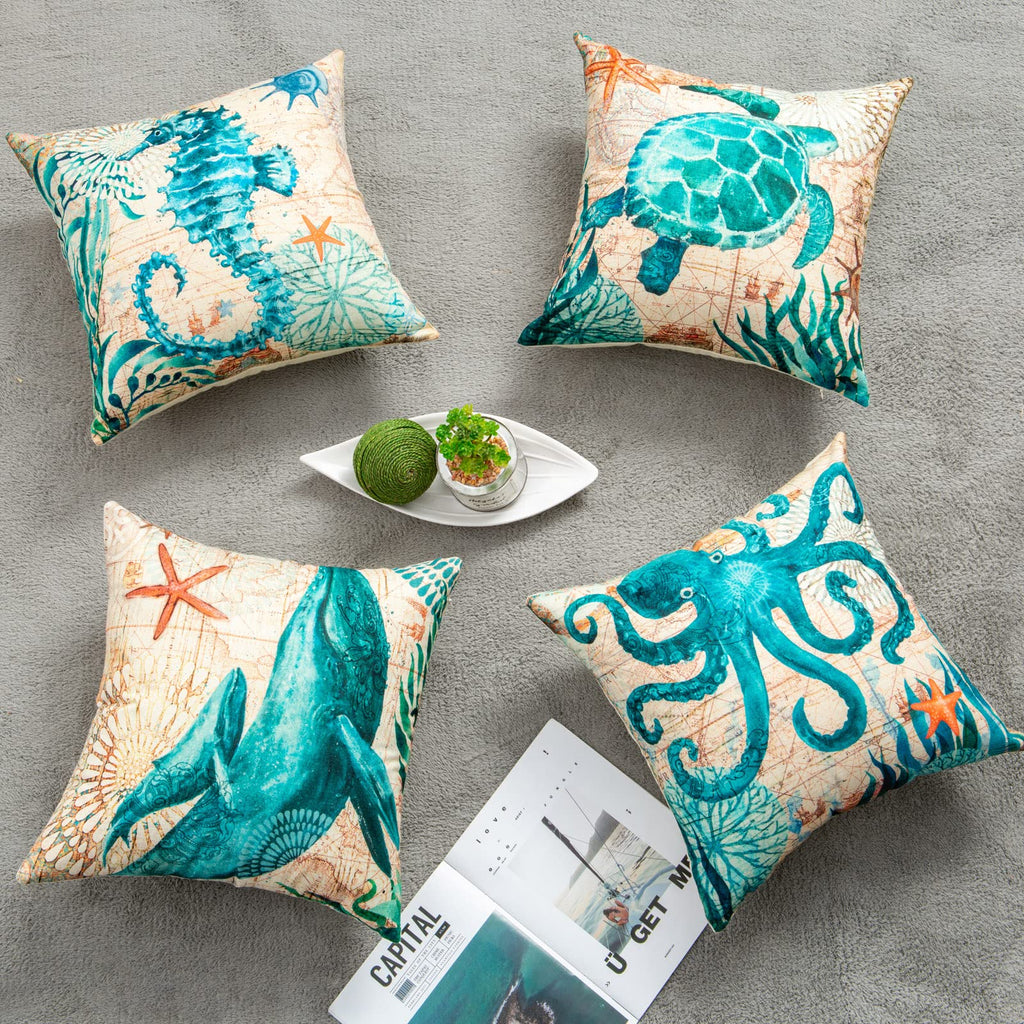 Ocean Animal Throw Pillow Covers – Linen Cushion Cases for Sofa & Home