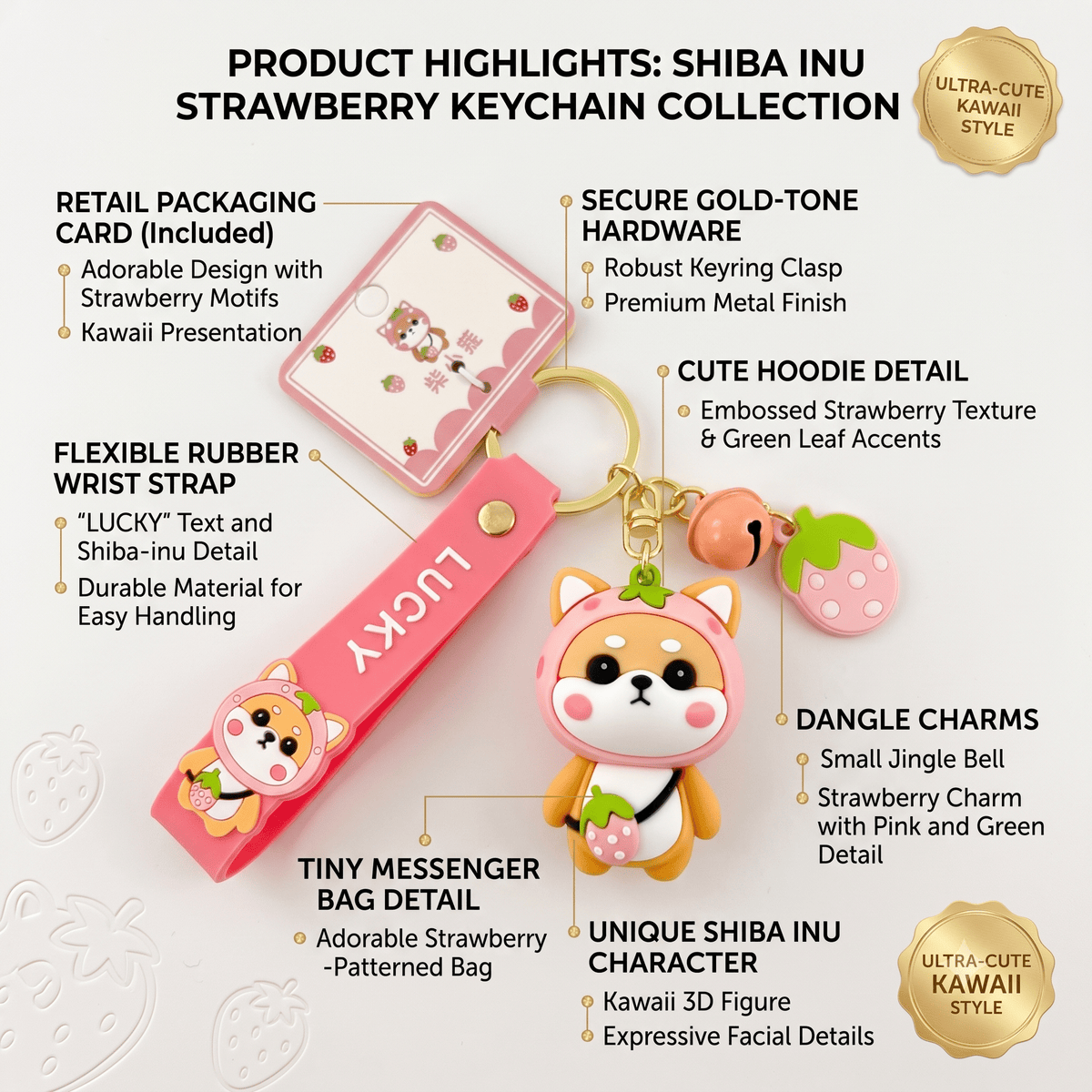 Strawberry Shiba Inu Keychain – Kawaii Bag Charm | Cute Gift for Her