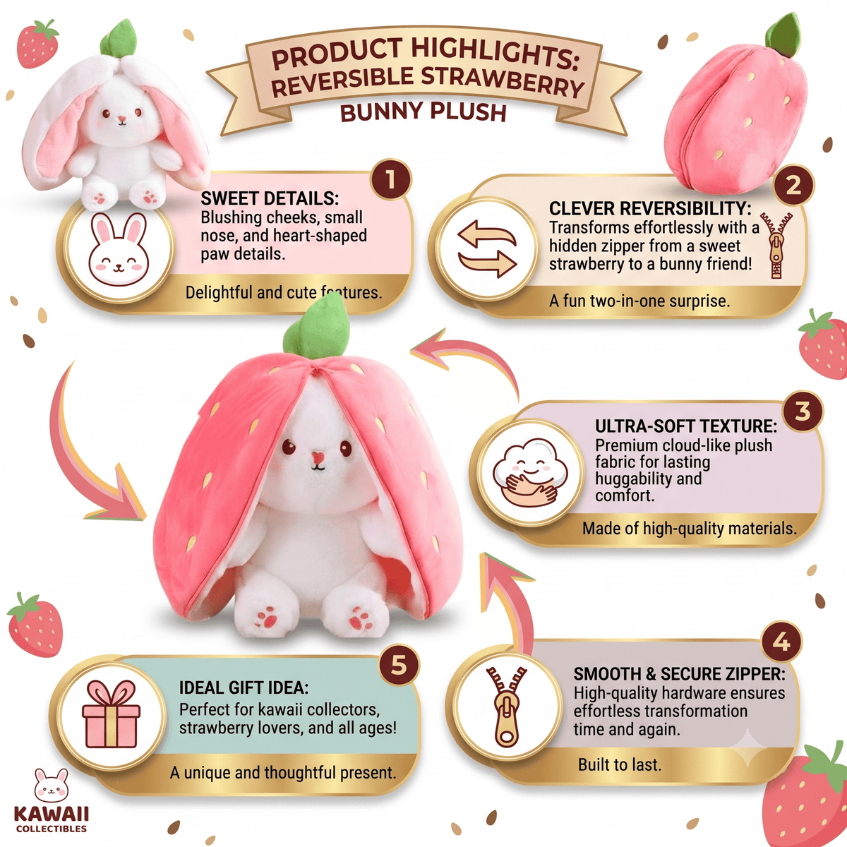 Reversible Strawberry Bunny Plush – Hide & Seek Transforming Stuffed Animal