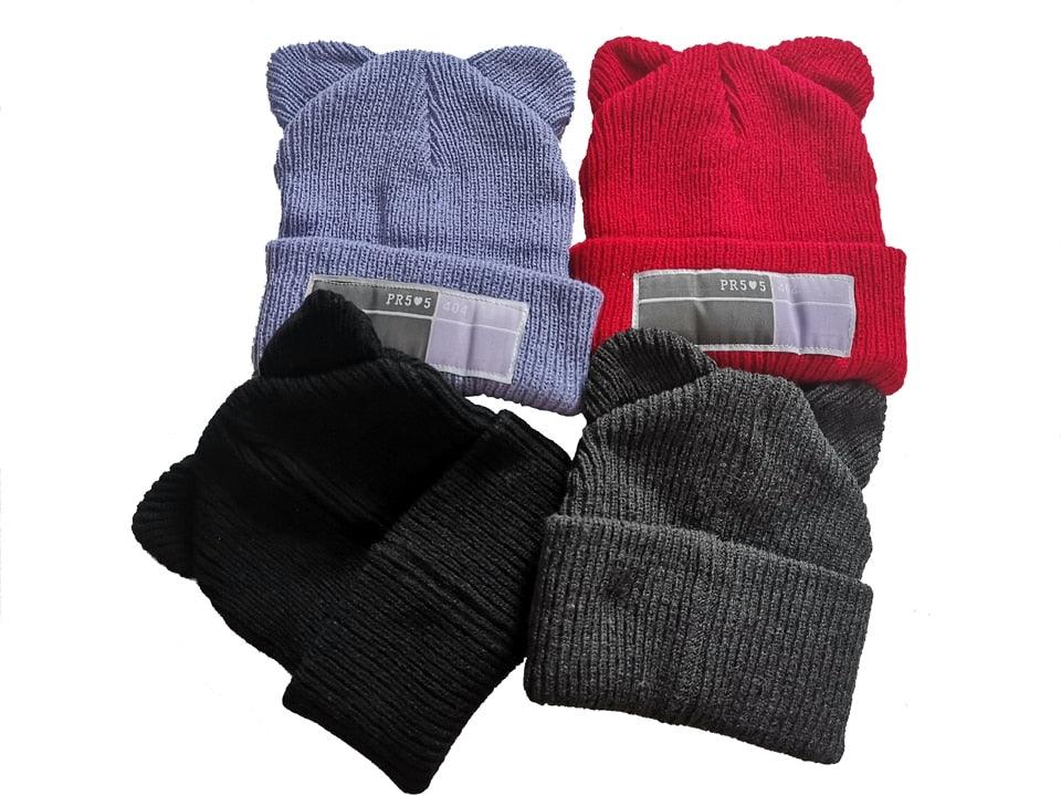 Women's Knit Beanie with Double Pom-Poms