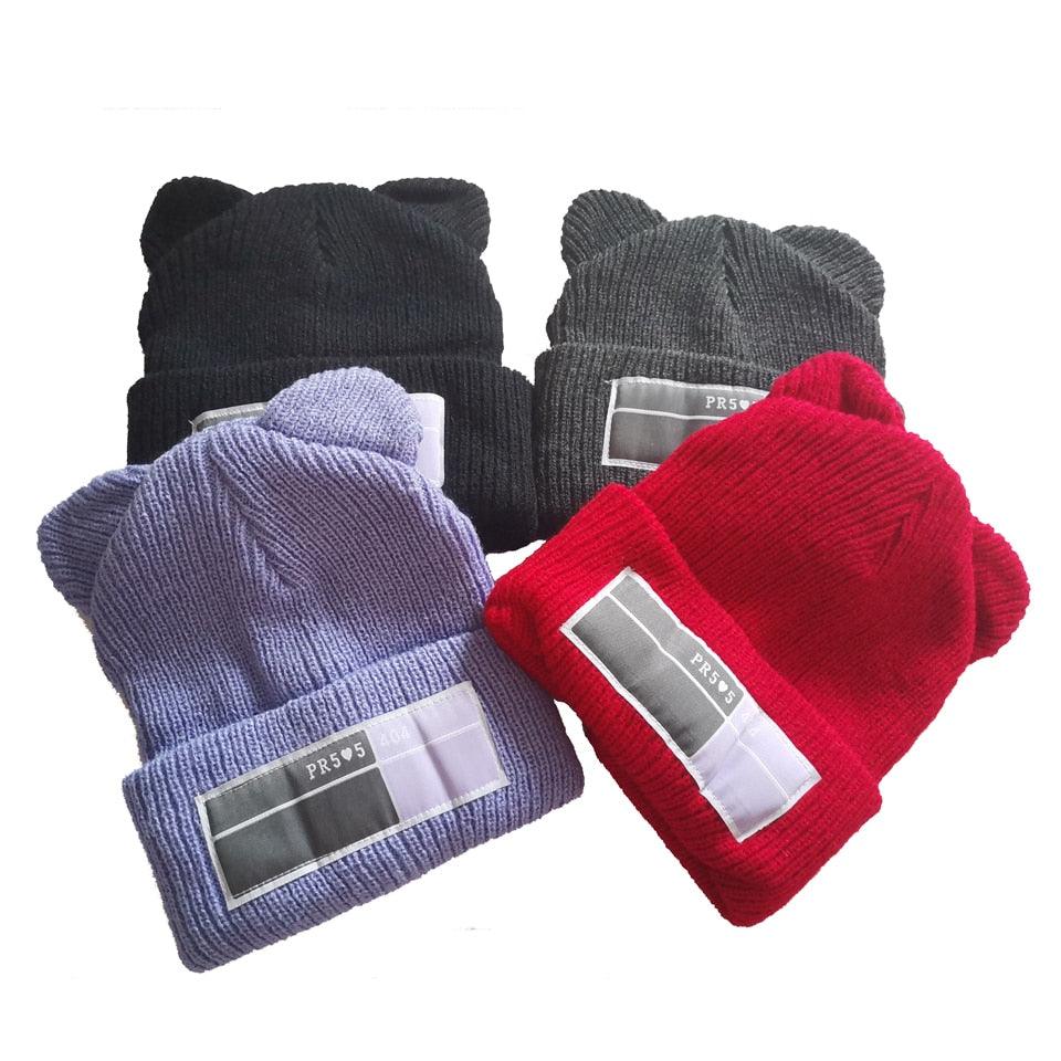 Women's Knit Beanie with Double Pom-Poms