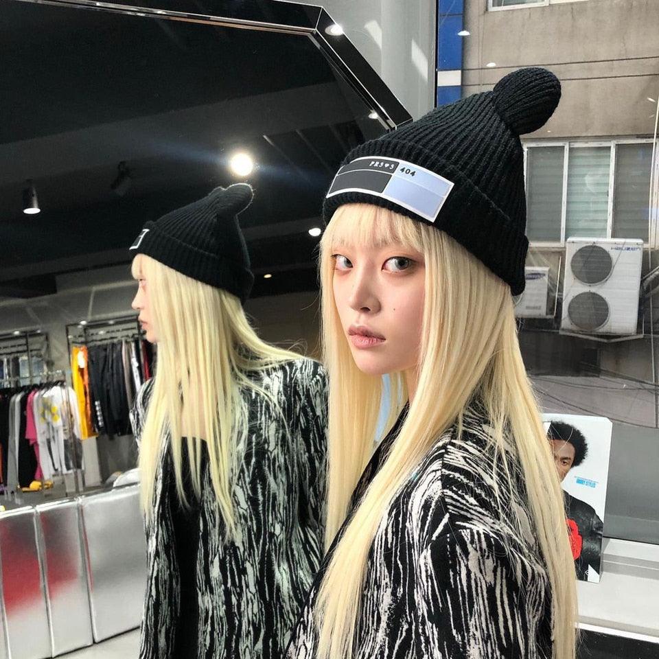 Women's Knit Beanie with Double Pom-Poms
