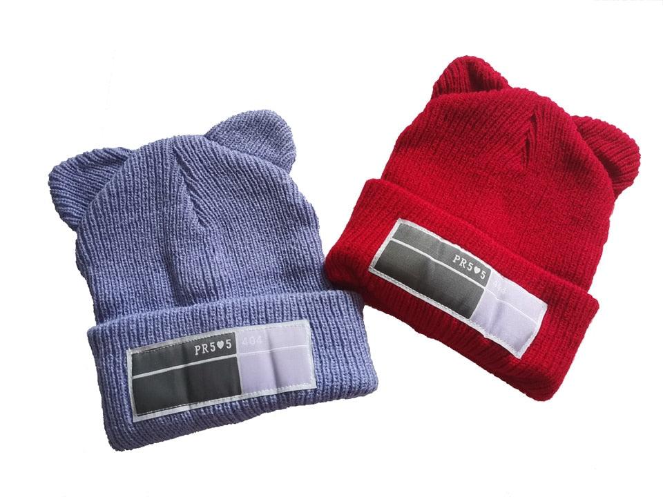 Women's Knit Beanie with Double Pom-Poms