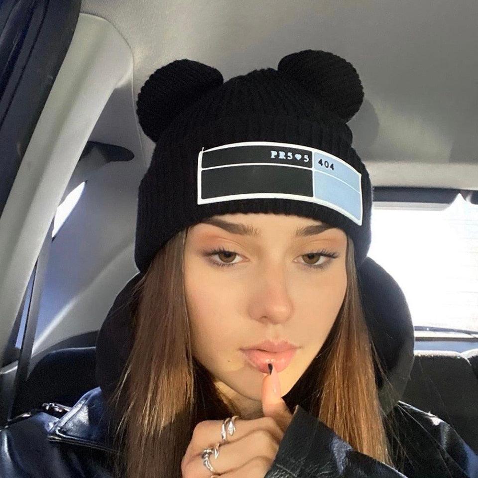 Women's Knit Beanie with Double Pom-Poms